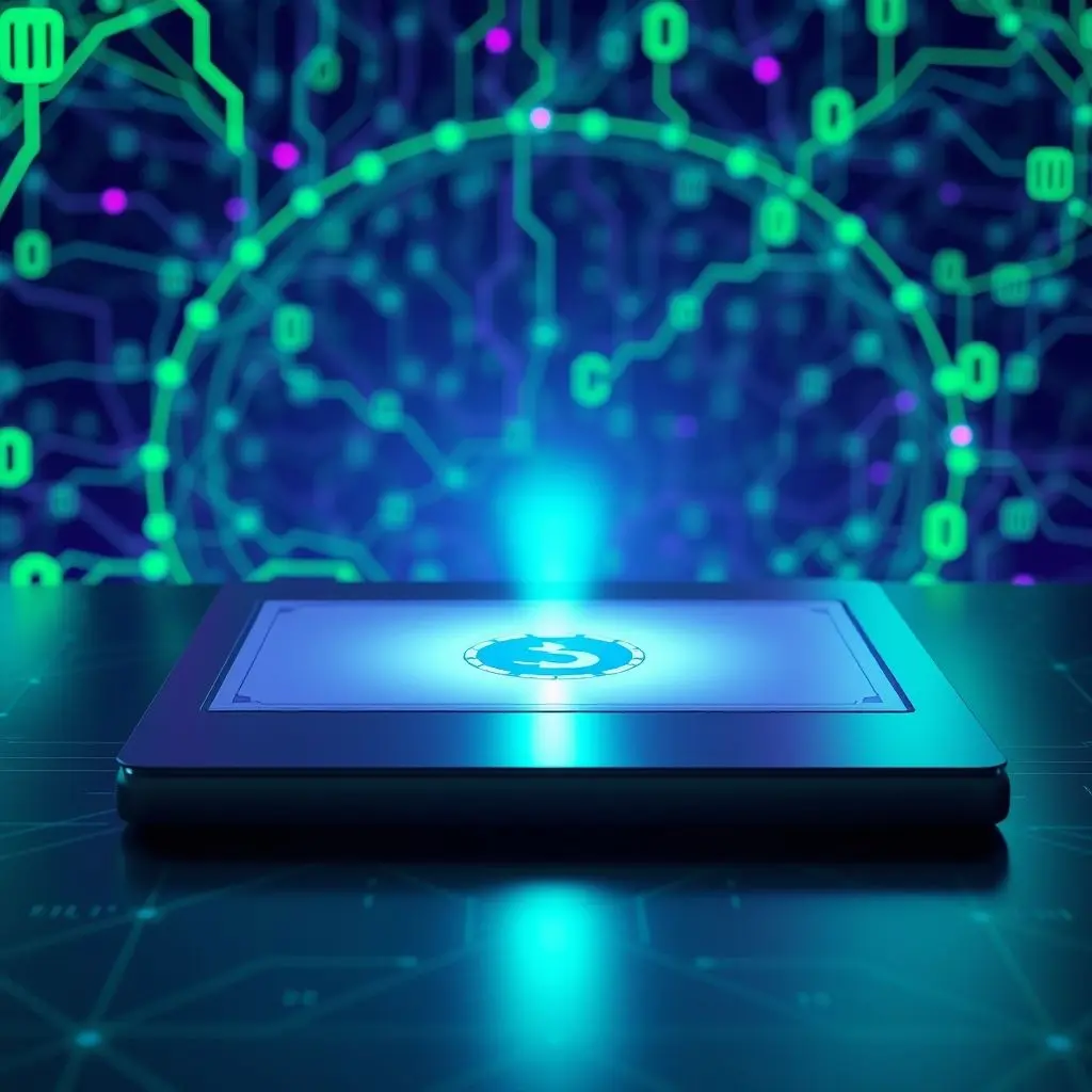 A futuristic blockchain ledger with a prominent certificate icon, surrounded by a network of cryptographic symbols, representing a verified digital record.