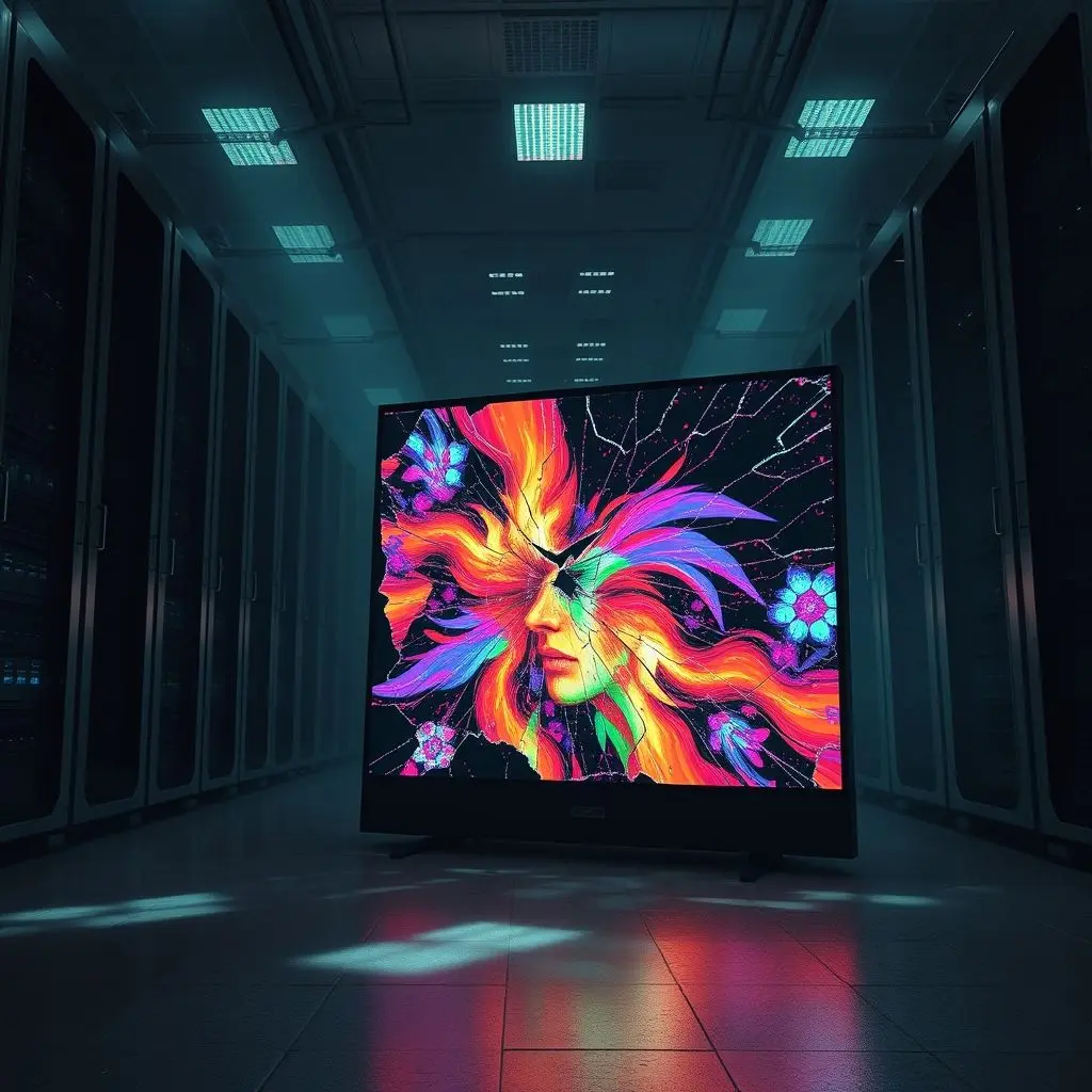 A fragmented screen showing inaccessible digital art, with damaged server racks, illustrating data loss from broken links or server failures.
