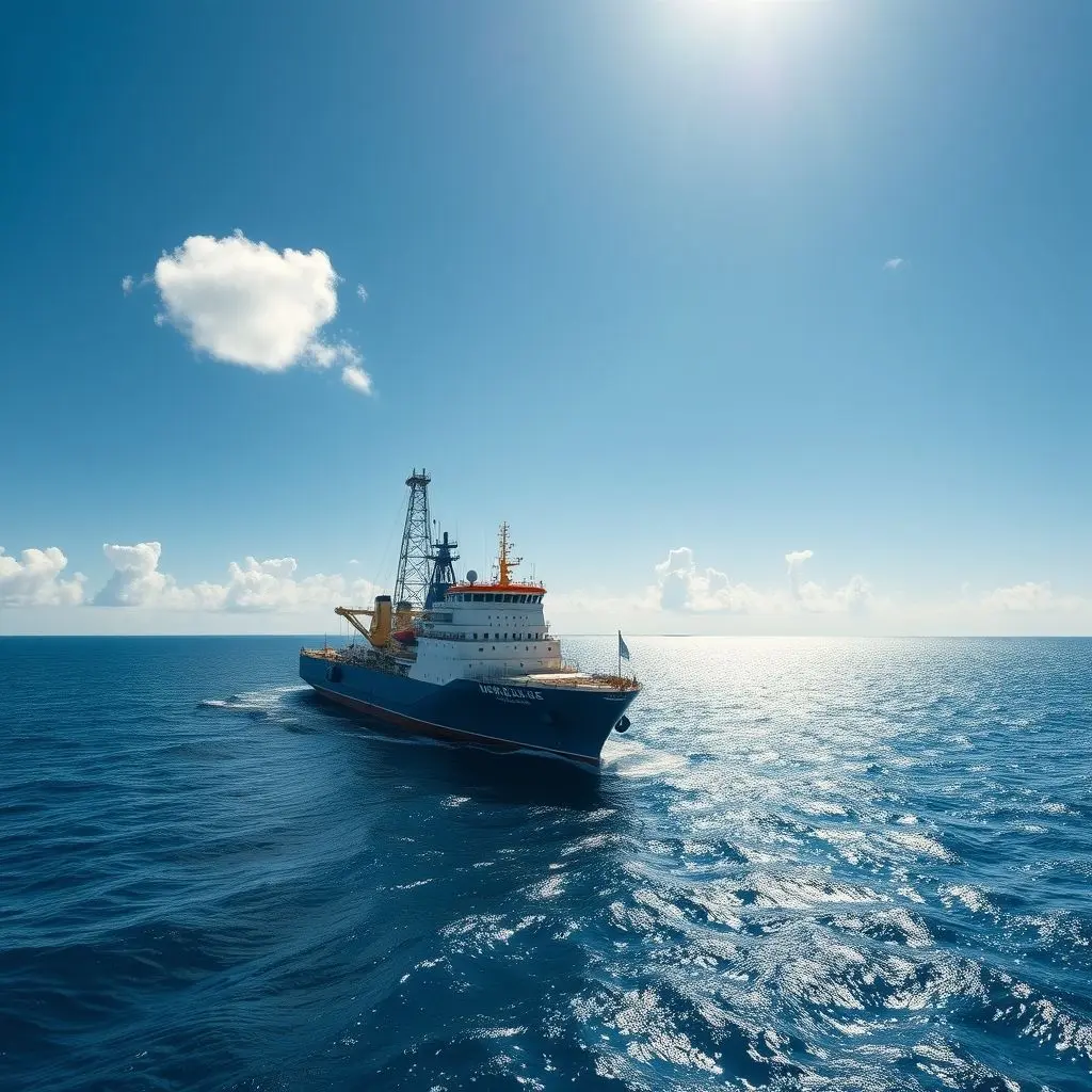 A large cable-laying ship actively deploying or retrieving a submarine internet cable on the open ocean, showcasing the massive scale of these operations.