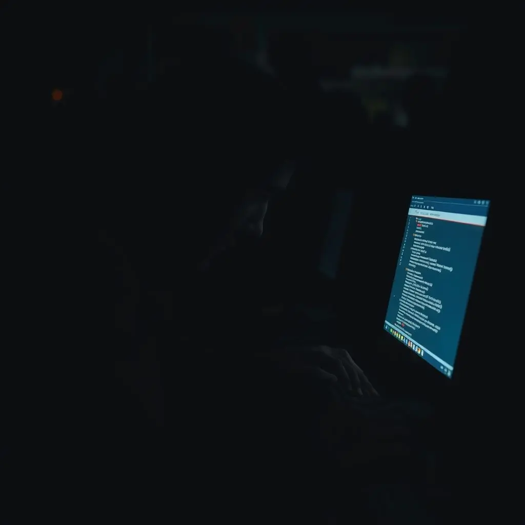 A shadowy figure typing furiously on a computer in a dimly lit, crowded room, depicting a 'CAPTCHA farm'.