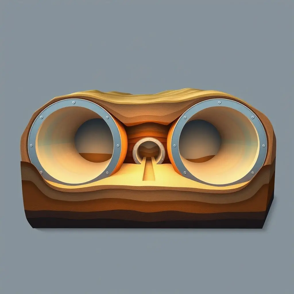 Cross-section view showing the two main rail tunnels and the central service tunnel of the Chunnel