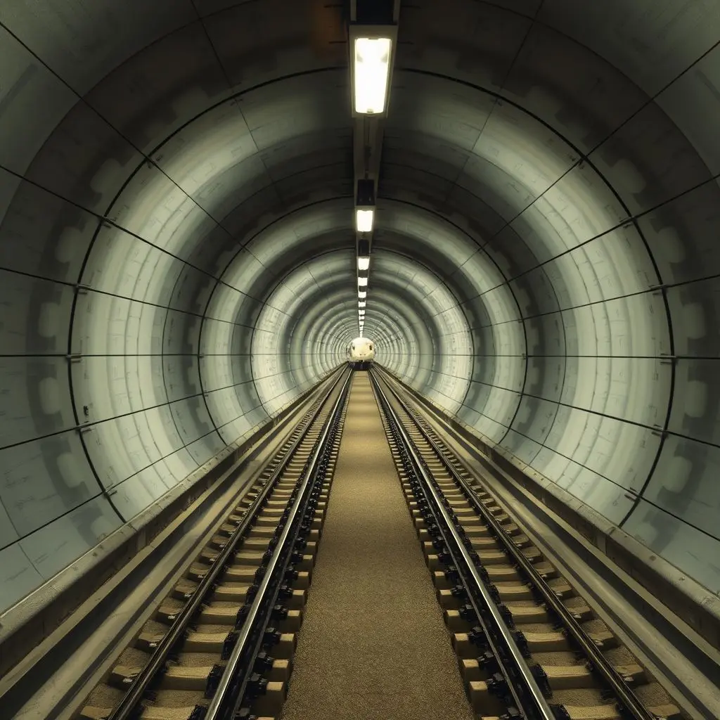Interior view of the finished Chunnel rail tunnel with a Eurostar train passing through