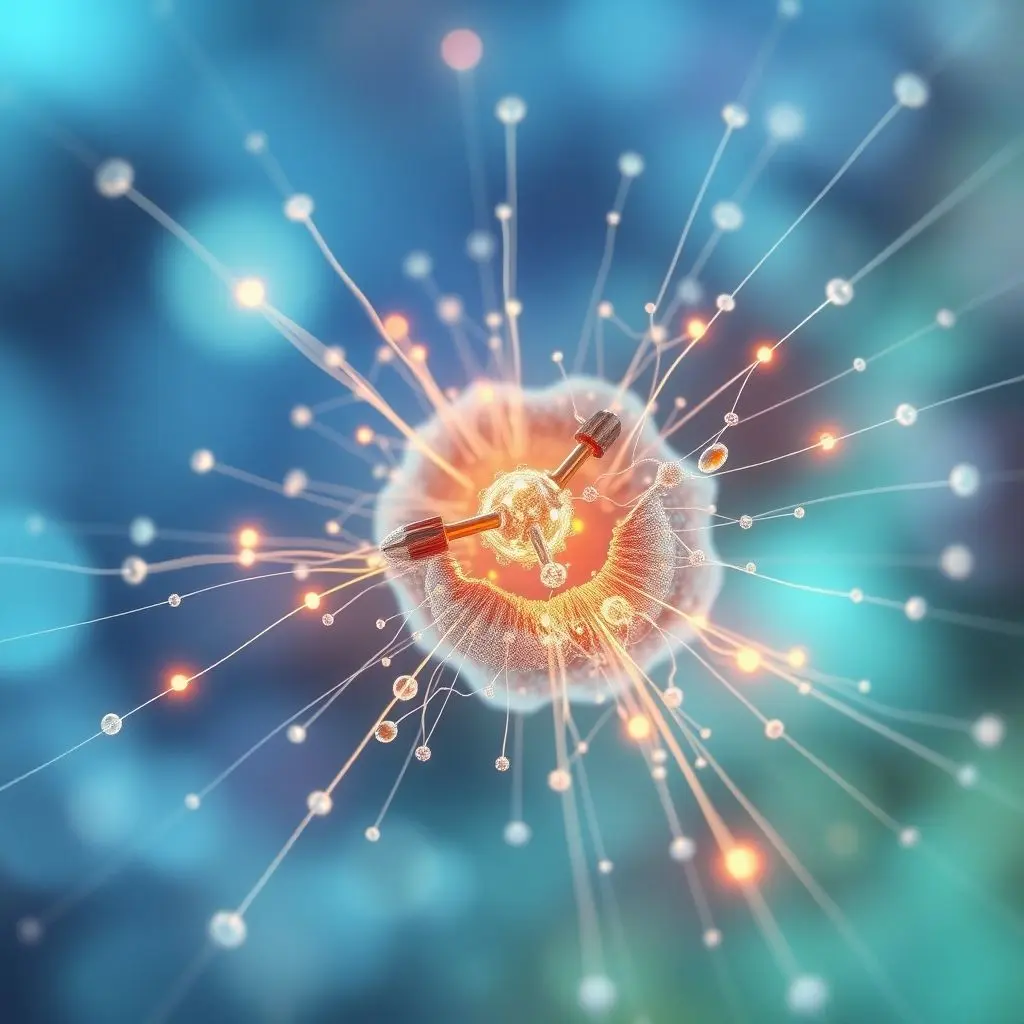 Abstract conceptual image depicting nanoscale repair mechanisms fixing a damaged cell