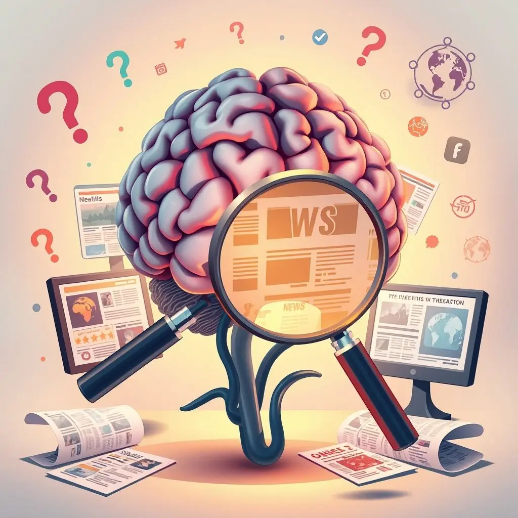 Symbolic image representing critical thinking: a brain examining diverse news sources with a magnifying glass.