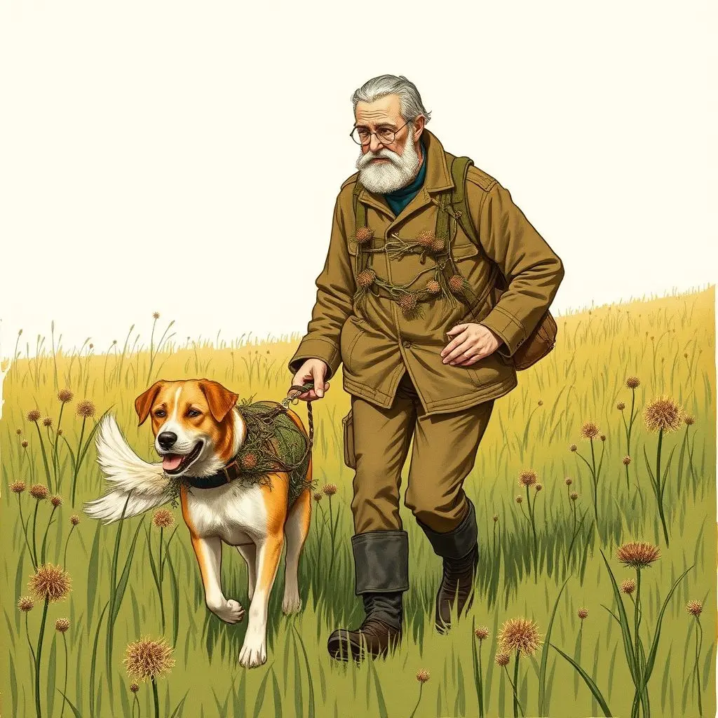Illustrative image of a Swiss engineer and his dog after a walk, both covered in burdock burrs.