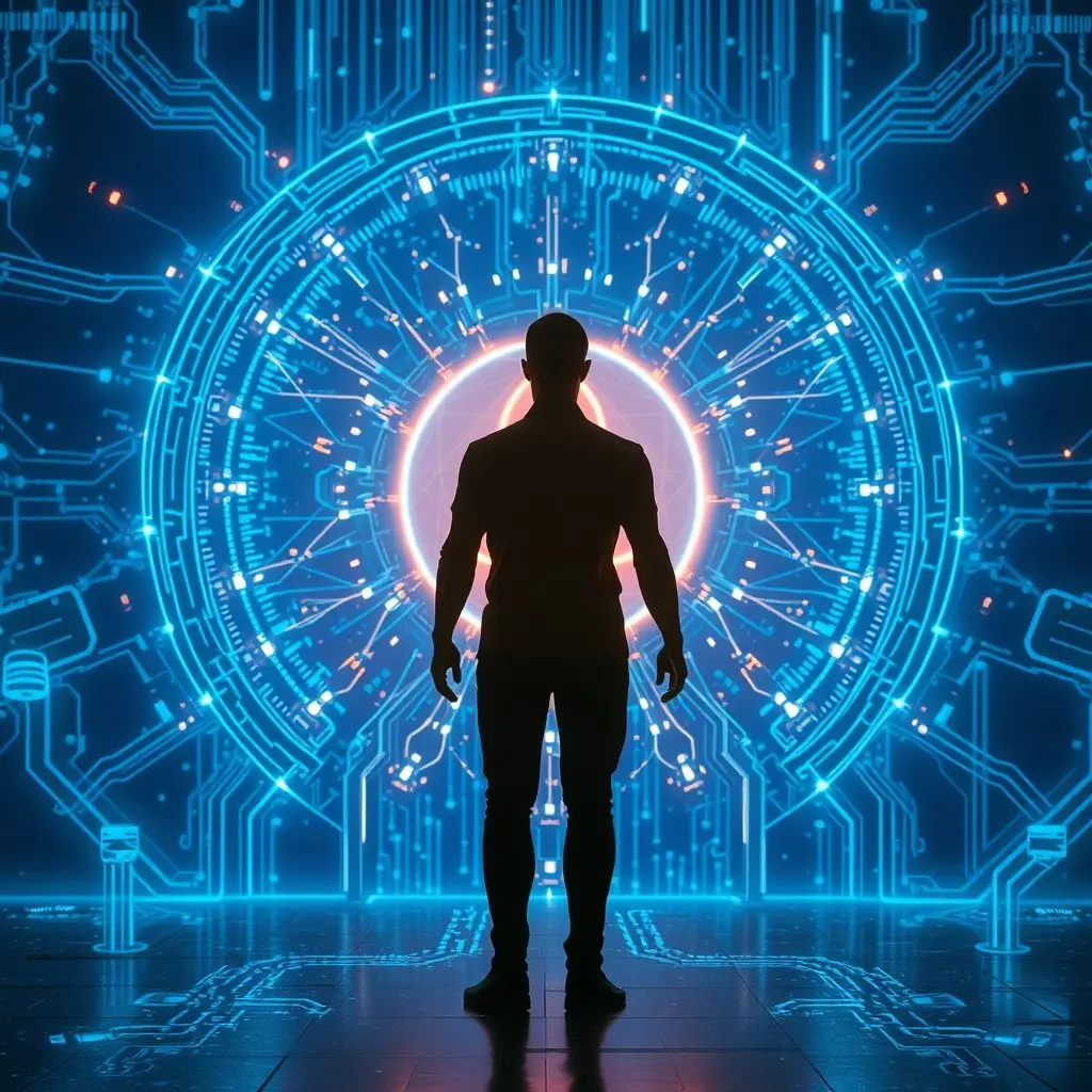 Abstract representation of data flowing around a human figure interacting with a glowing AI interface, symbolizing control, ownership, and the vastness of personal data in the context of AI ethics.