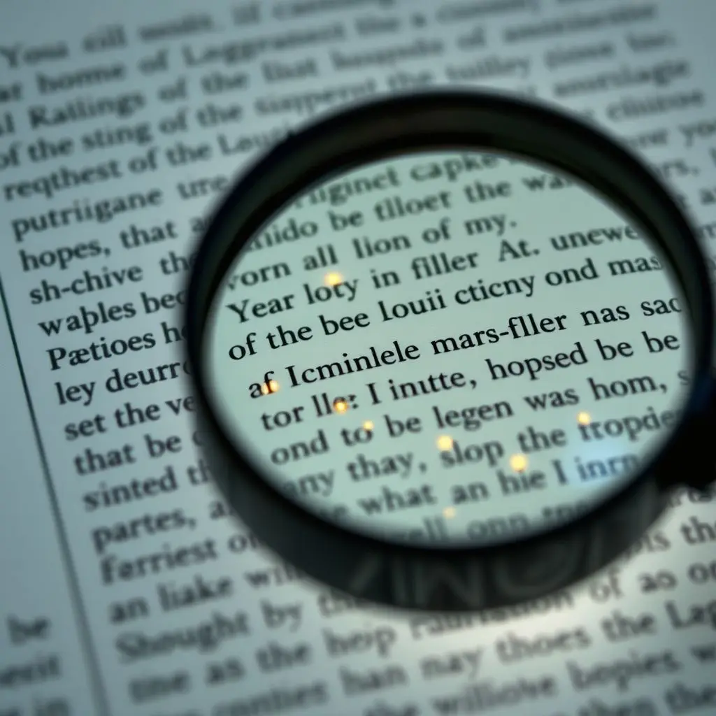 Magnifying glass examining text with subtle patterns indicating AI origin