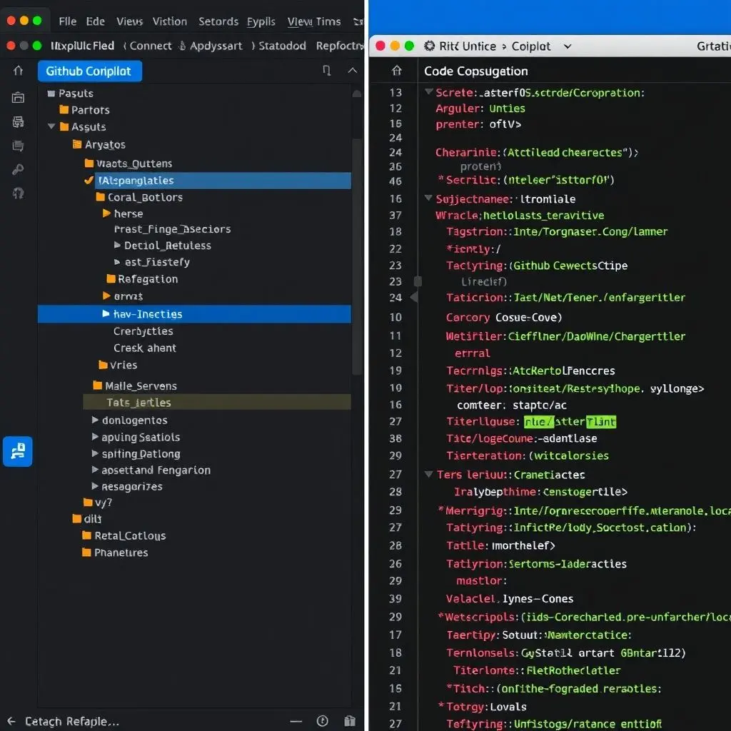 A split screen showing a developer's IDE with GitHub Copilot suggestions appearing next to the code.