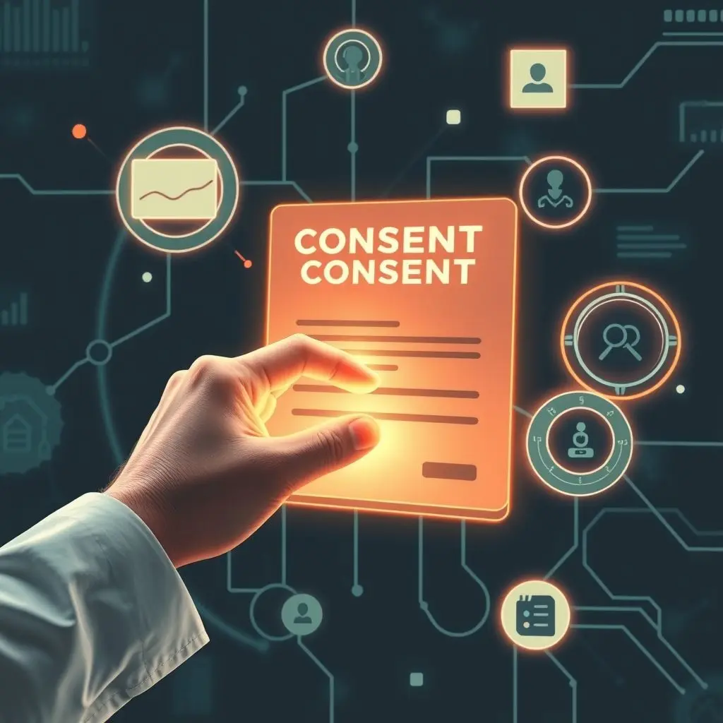 A holographic hand signing a glowing digital consent form, surrounded by abstract representations of data streams and ethical dilemmas. Futuristic, clean lines, thoughtful mood, symbolizing digital consent and its ethical implications.