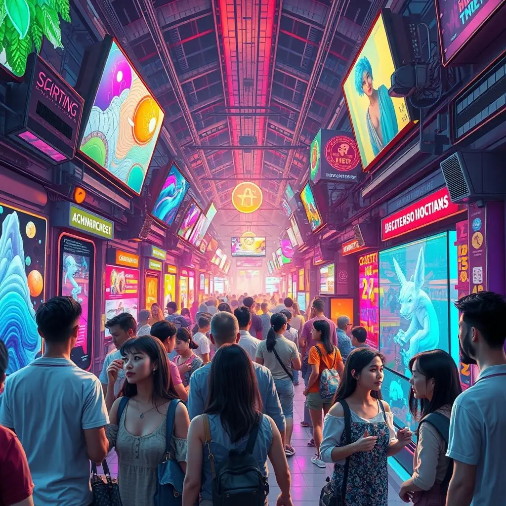 A vibrant, futuristic digital marketplace where diverse creators and collectors interact, showcasing new economic models enabled by NFTs.
