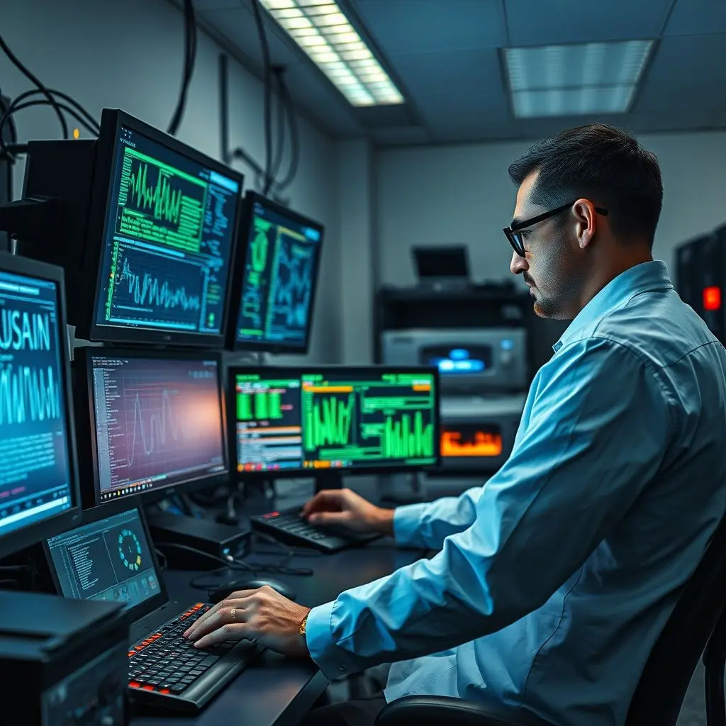 A digital forensics expert working in a secure lab, examining multiple computer screens with data analysis tools, surrounded by specialized hardware.