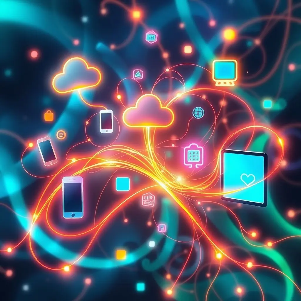 Abstract representation of various digital devices and network symbols interconnected, symbolizing different types of digital forensics like mobile, cloud, and network.