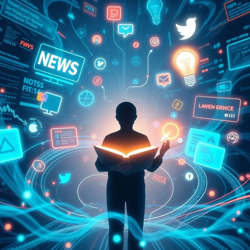 Conceptual image showing digital information streams converging towards a user equipped with knowledge and critical thinking.