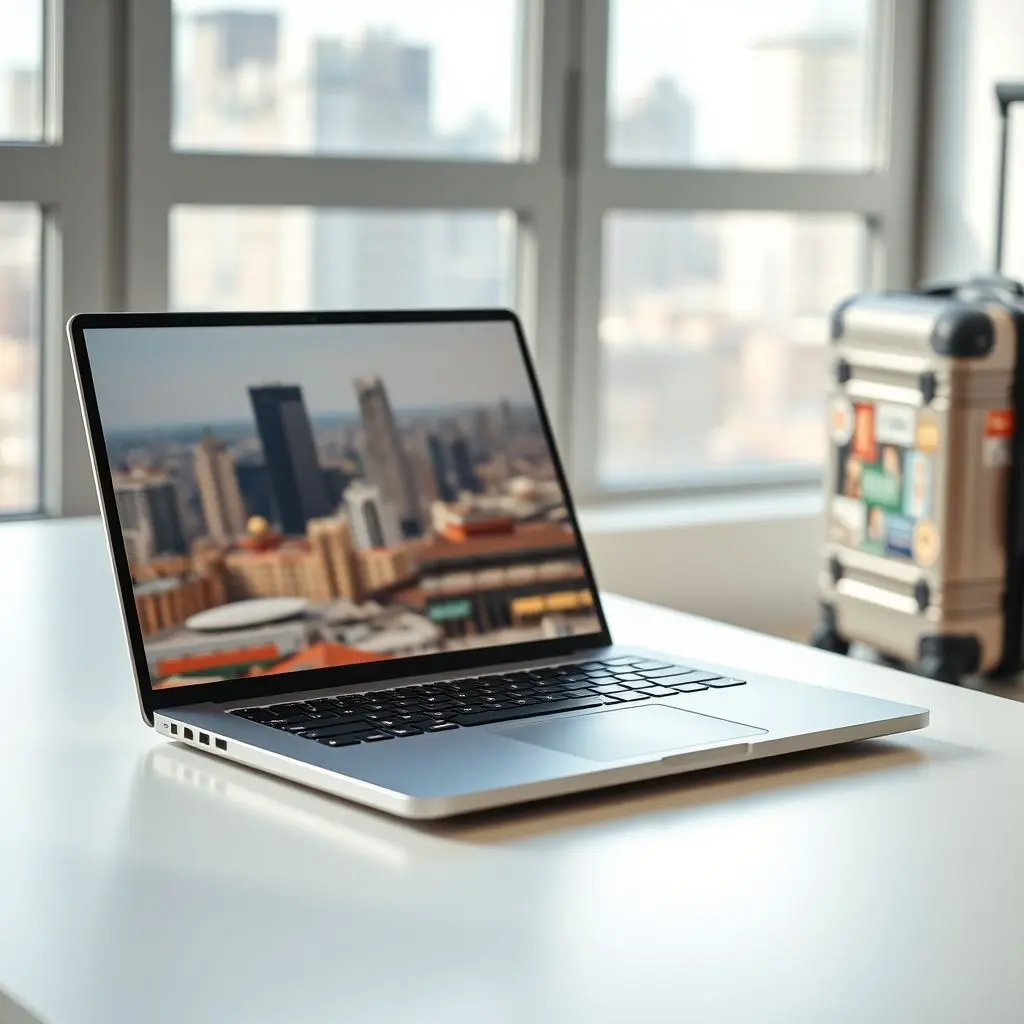Lightweight laptop open on a desk with a travel-themed background
