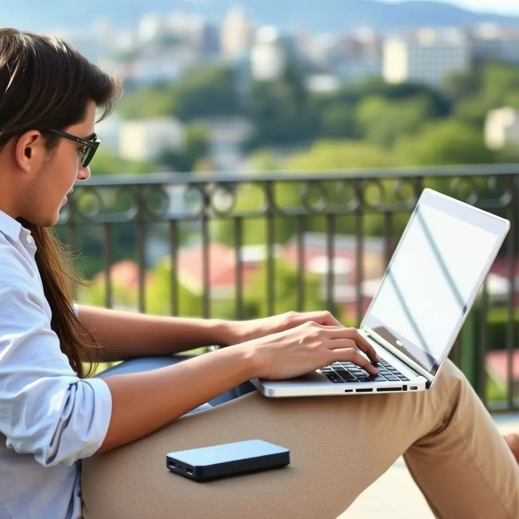 Person working outdoors with a portable hotspot and laptop