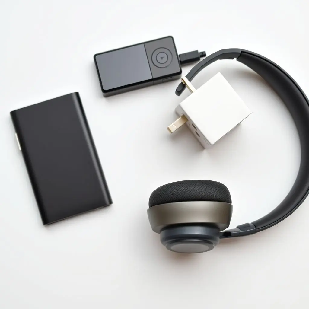 Essential digital nomad gadgets: power bank, noise-cancelling headphones, travel adapter