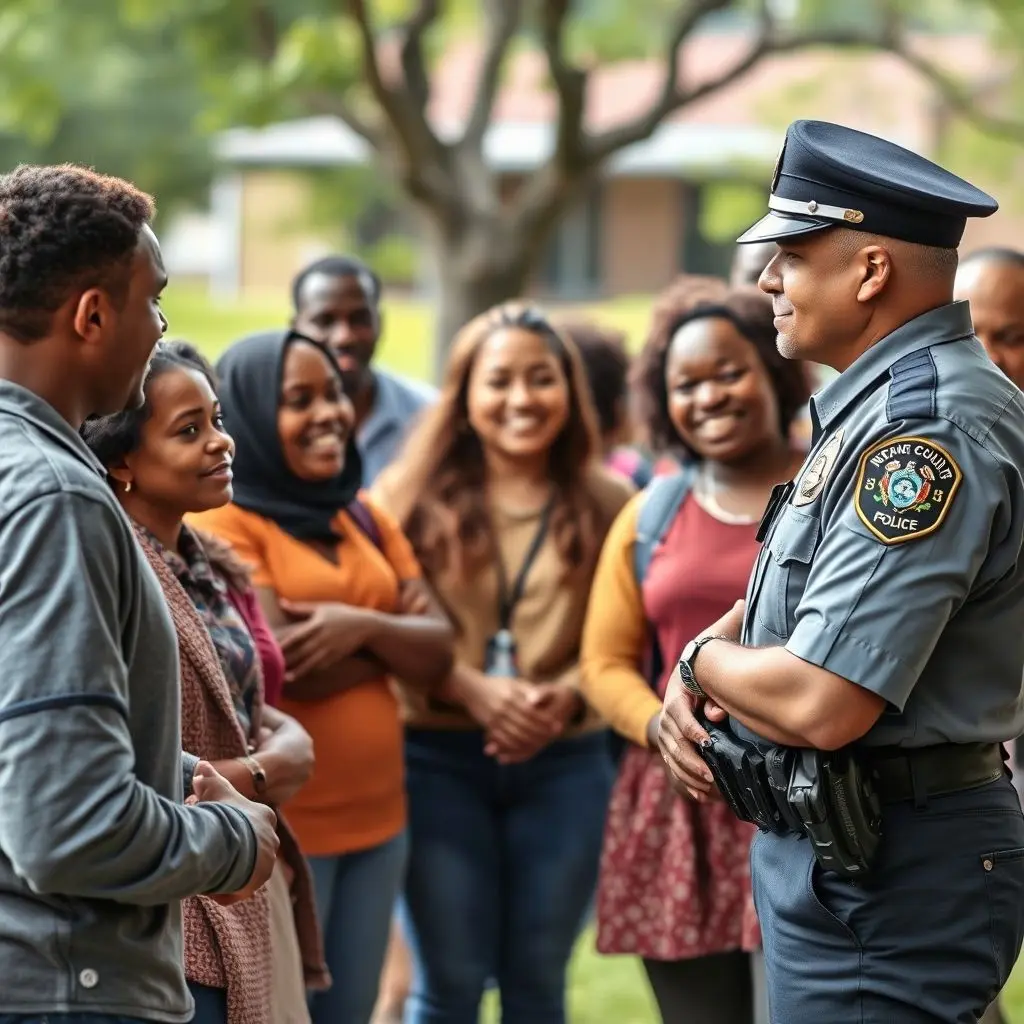 Diverse group of community members in discussion with a police officer, symbolizing community-oriented approaches