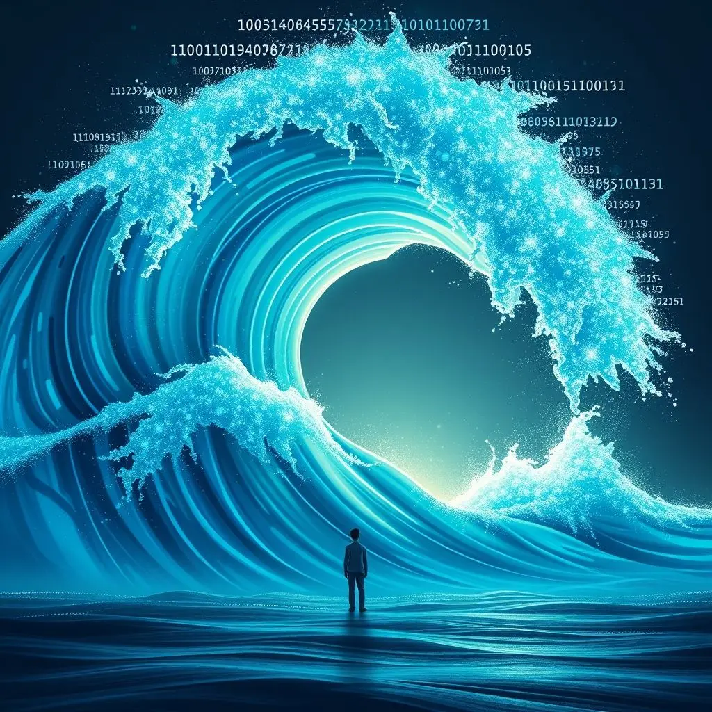 Visual metaphor of a tidal wave of data packets crashing onto a server icon, representing network bandwidth flooding in a DoS attack.