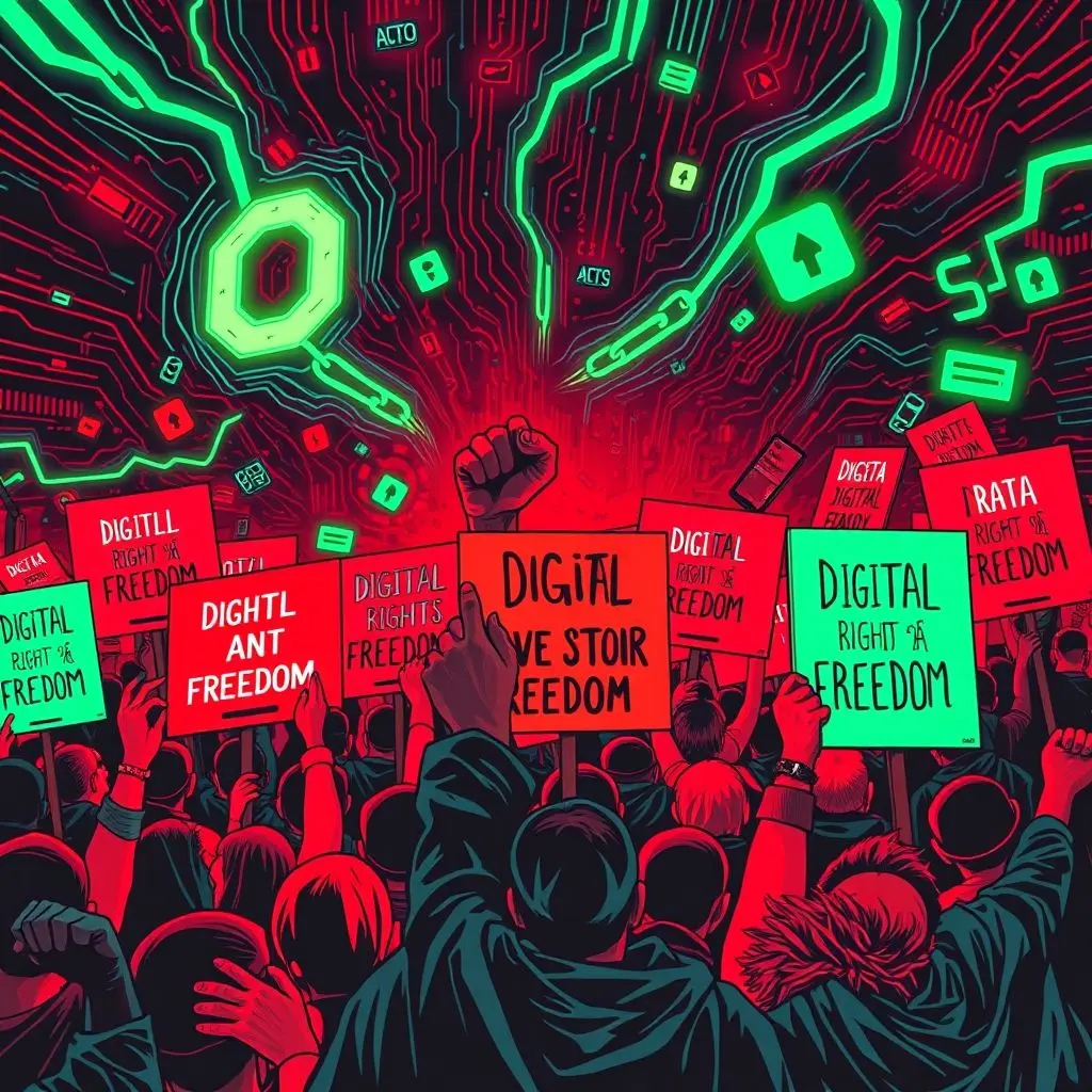 Illustration of protest symbols mixed with digital disruption icons, representing hacktivism via DoS/DDoS.