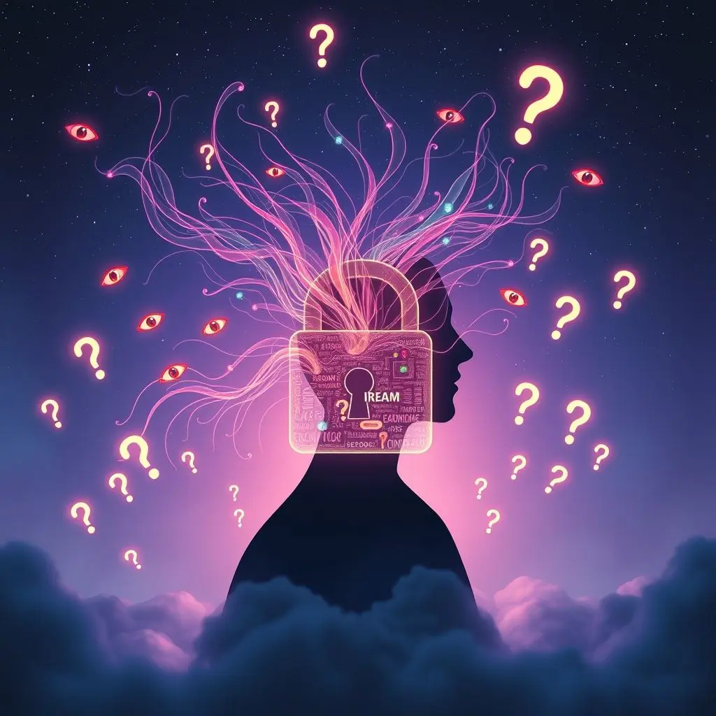 Abstract image of data streams flowing from a head shape, surrounded by question marks or locks