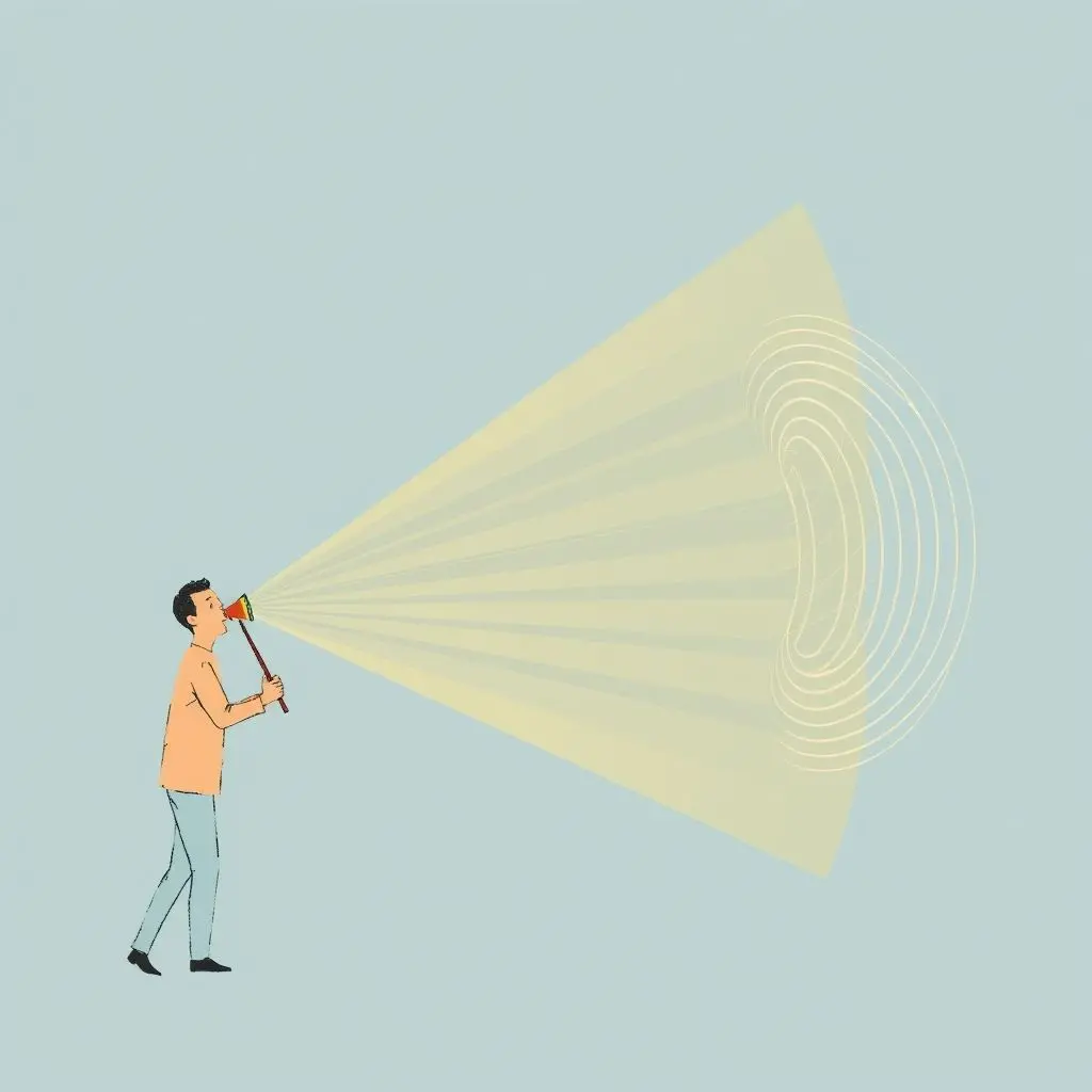 An abstract illustration showing a person using a cane-like device emitting sound waves that bounce off obstacles and return as echoes.