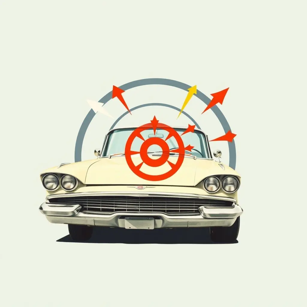 Abstract illustration of marketing confusion surrounding the Edsel, perhaps showing blurred lines or conflicting signals.