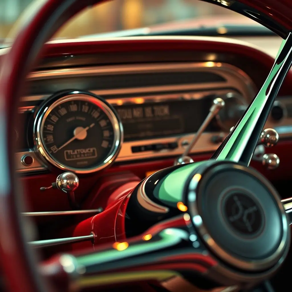 Close-up photograph or detailed illustration of the Edsel's dashboard focusing on the unique Teletouch pushbutton transmission on the steering wheel hub.