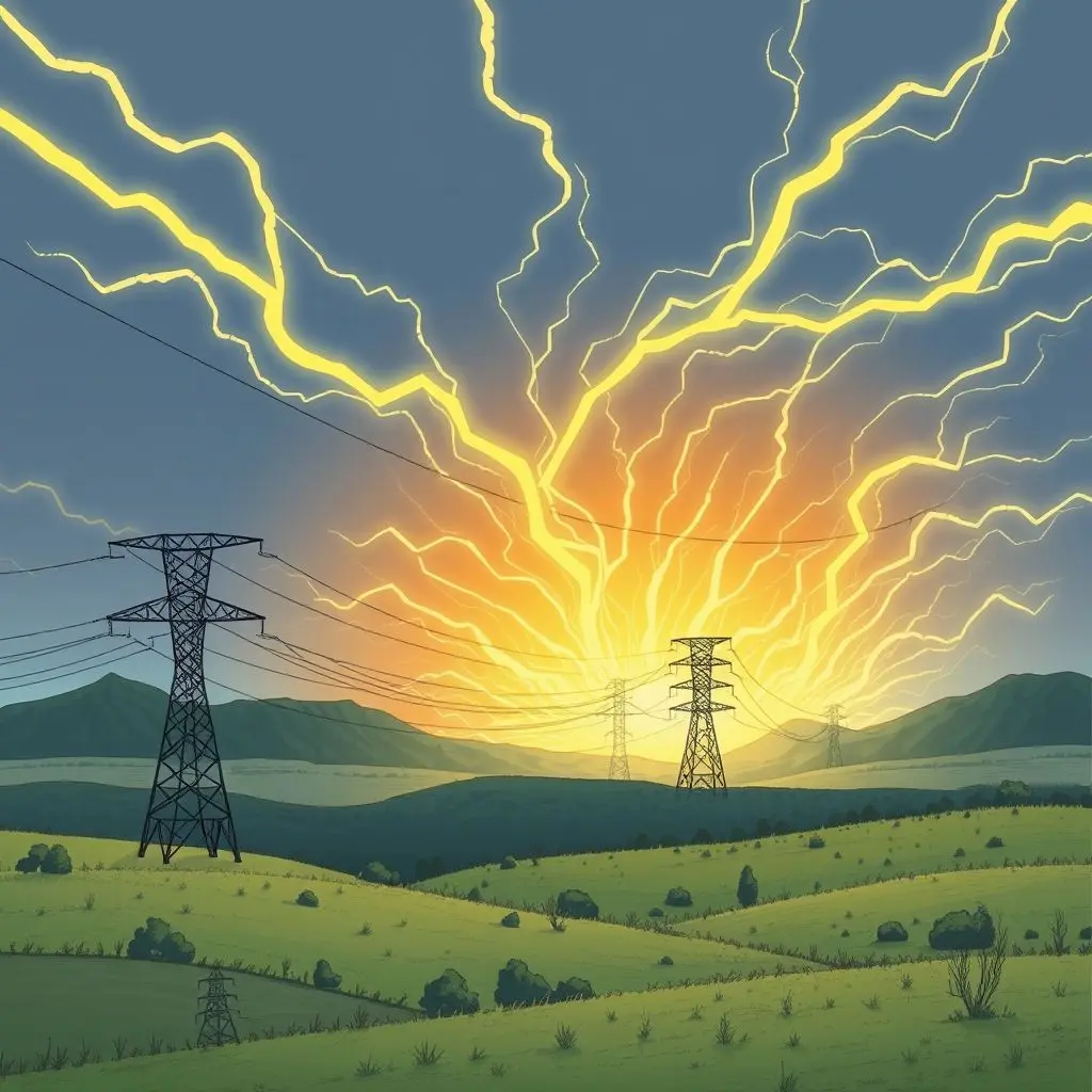 Illustration showing an EMP wave impacting a large power grid with damaged pylons