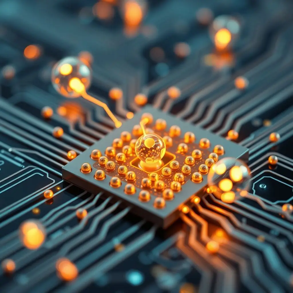 Conceptual image showing tiny, glowing spheres representing energized electrons moving within abstract circuits, representing data flow.