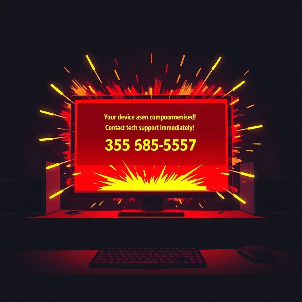 Illustration of a computer screen displaying a scary, fake tech support pop-up warning