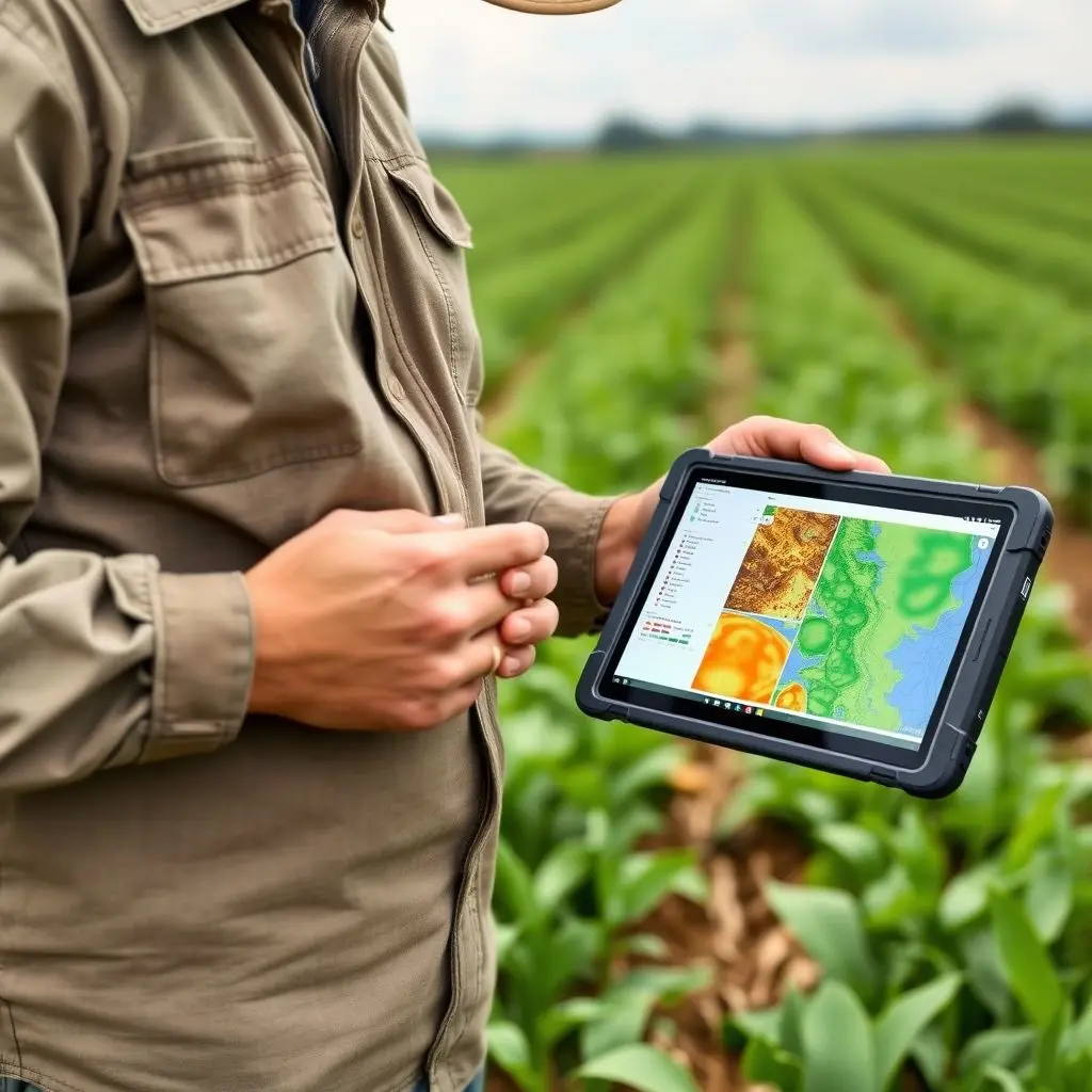 A farmer standing in a field looking at data visualizations and maps of plant health and soil conditions on a rugged tablet or smartphone.