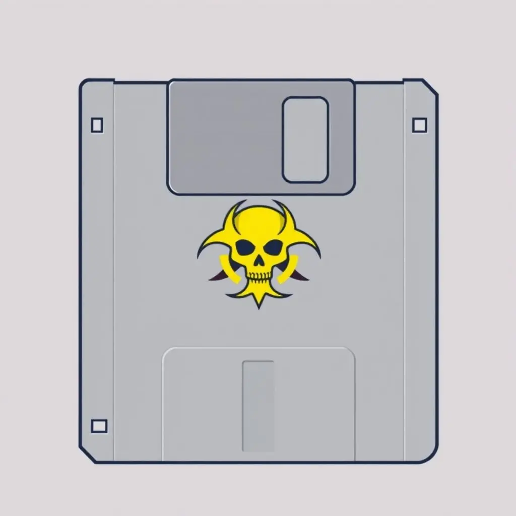 A classic floppy disk with a skull or virus icon on it