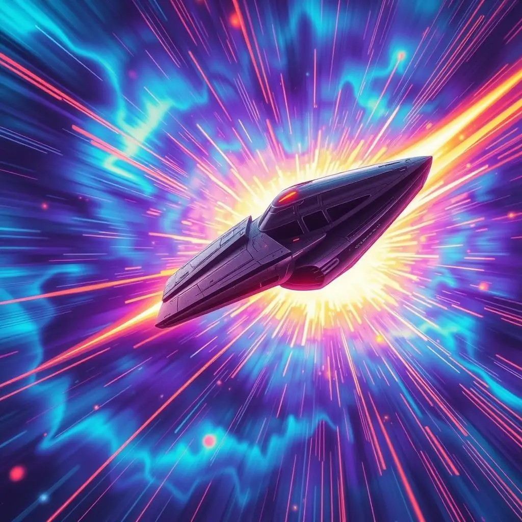 Futuristic spacecraft travelling through a colorful representation of warped space, suggesting faster-than-light travel.