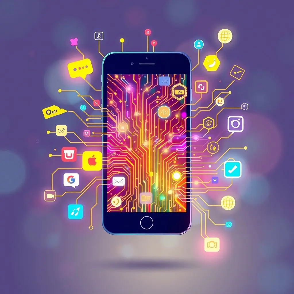 Icons representing smartphone functions (call, message, app, camera) circling around a phone.