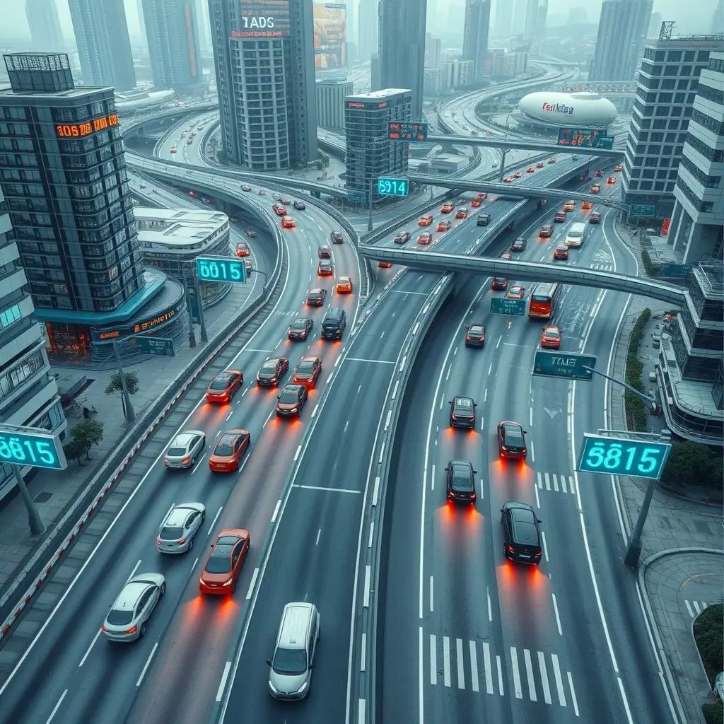 A futuristic aerial view of a smart city with optimized traffic flow, showing cars moving smoothly on multiple lanes, potentially with dynamic road signs and coordinated traffic lights.