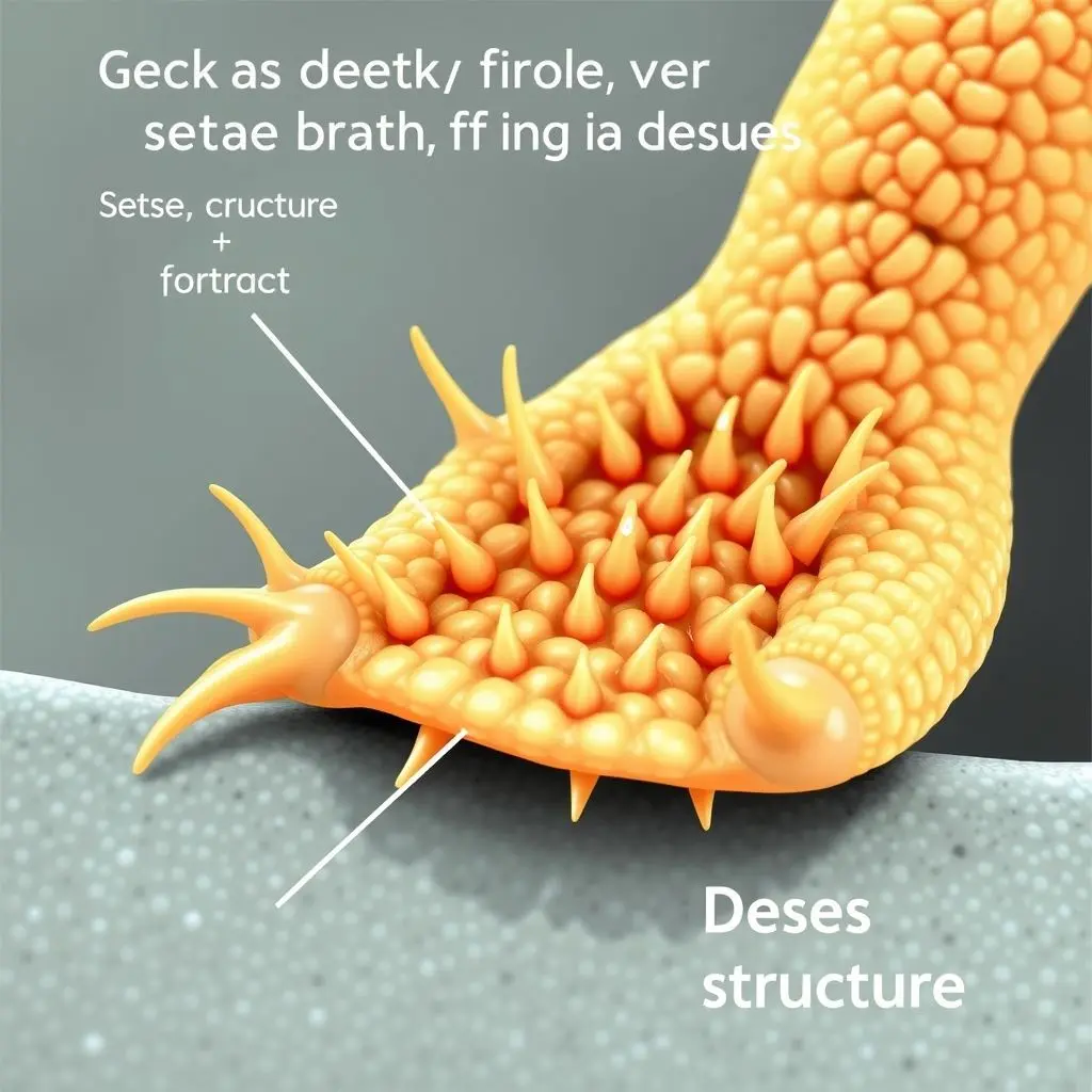 Microscopic illustration showing gecko foot setae and spatulae touching a smooth surface