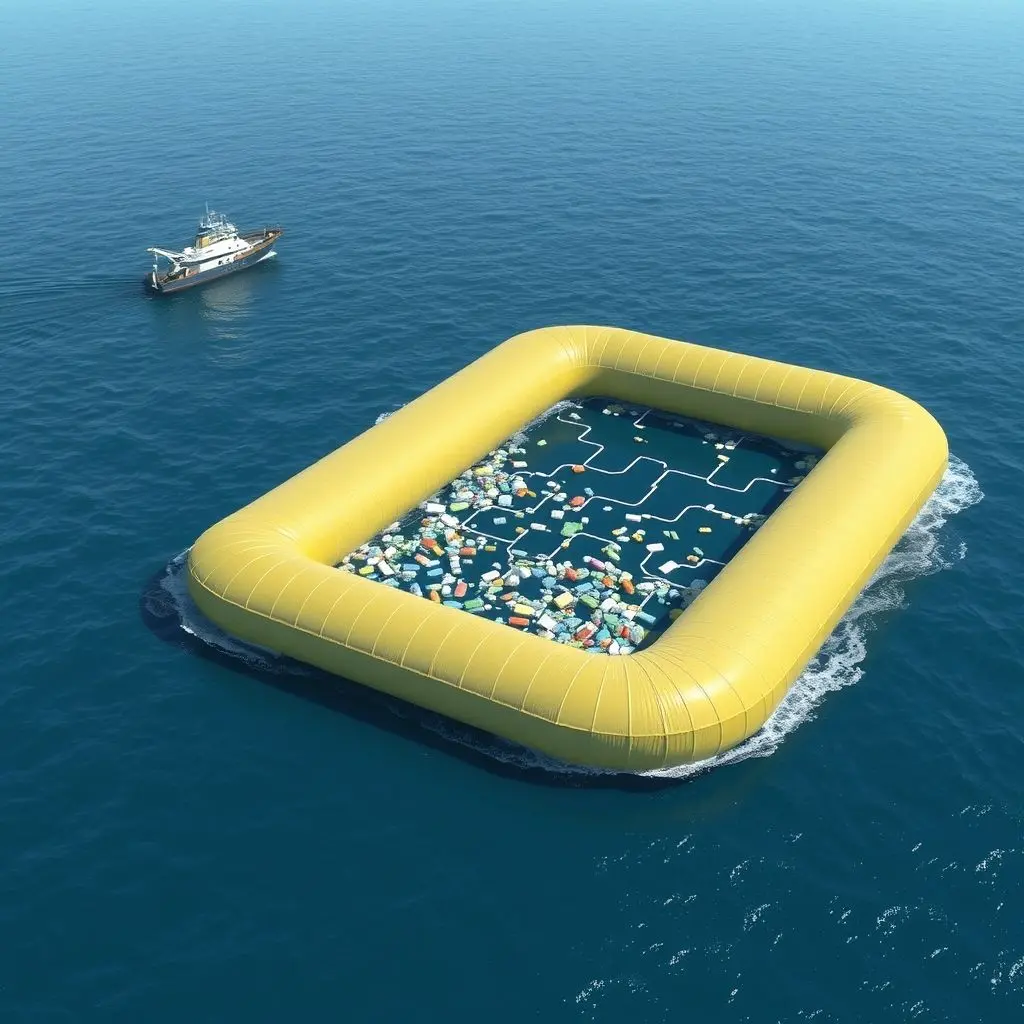 Illustrative image of a large, U-shaped passive floating barrier collecting plastic debris on the ocean surface.