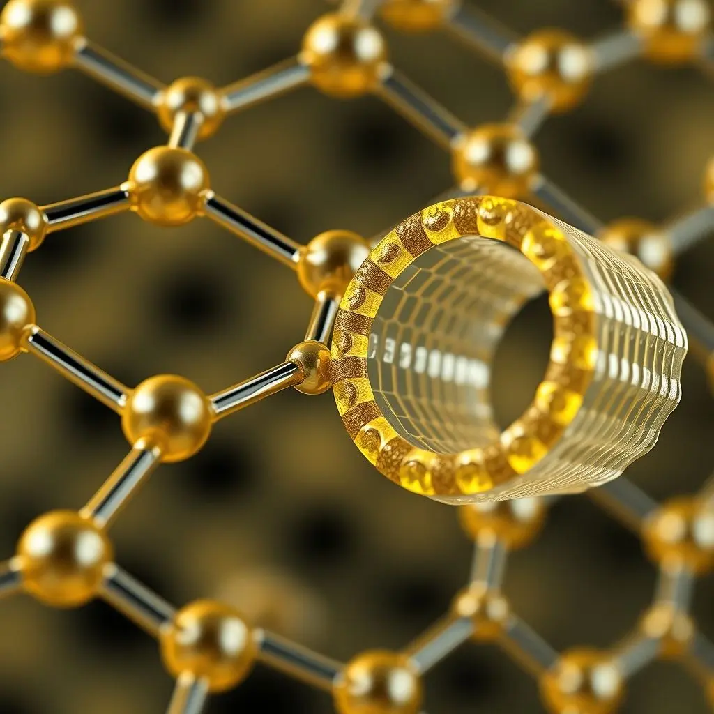 Microscopic view illustration of graphene (hexagonal lattice) and carbon nanotubes (cylindrical structures), representing new materials for chips.