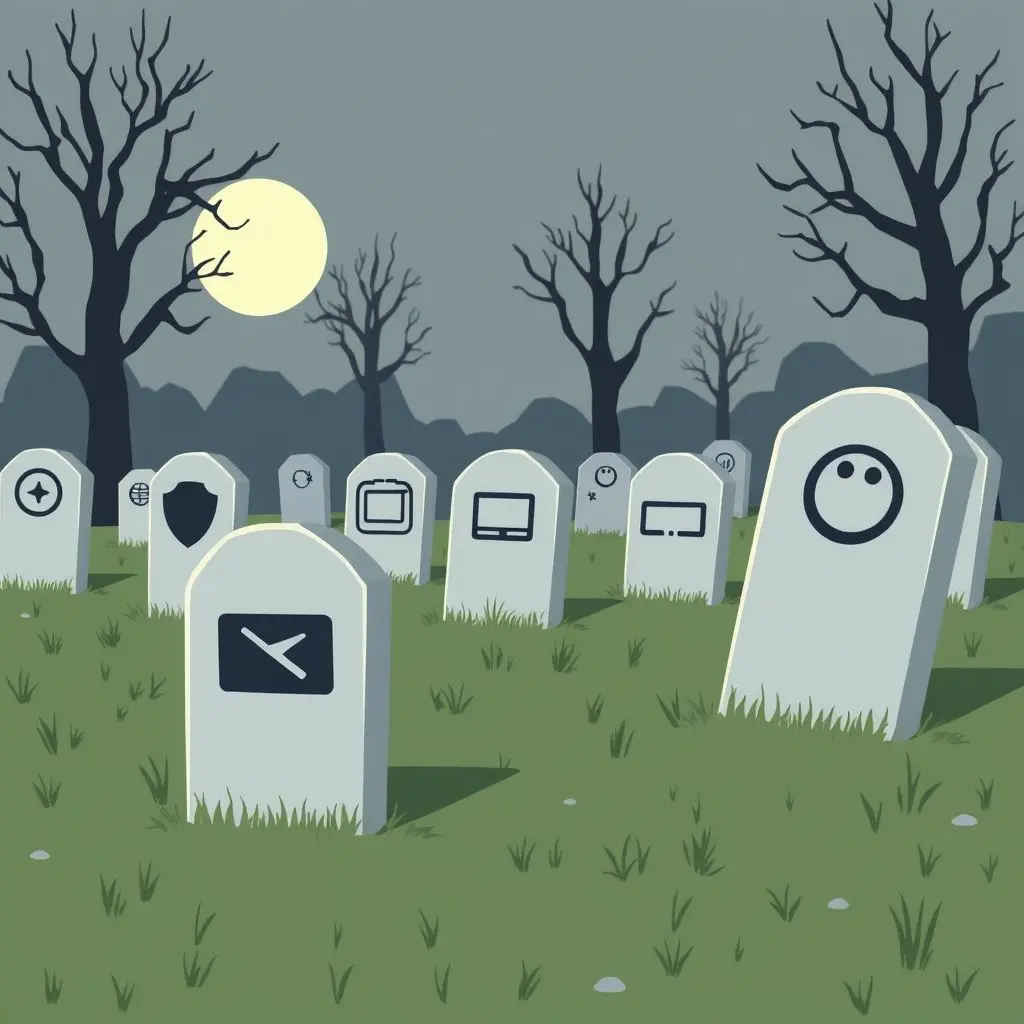 Symbolic image of various tech logos on minimalist headstones.
