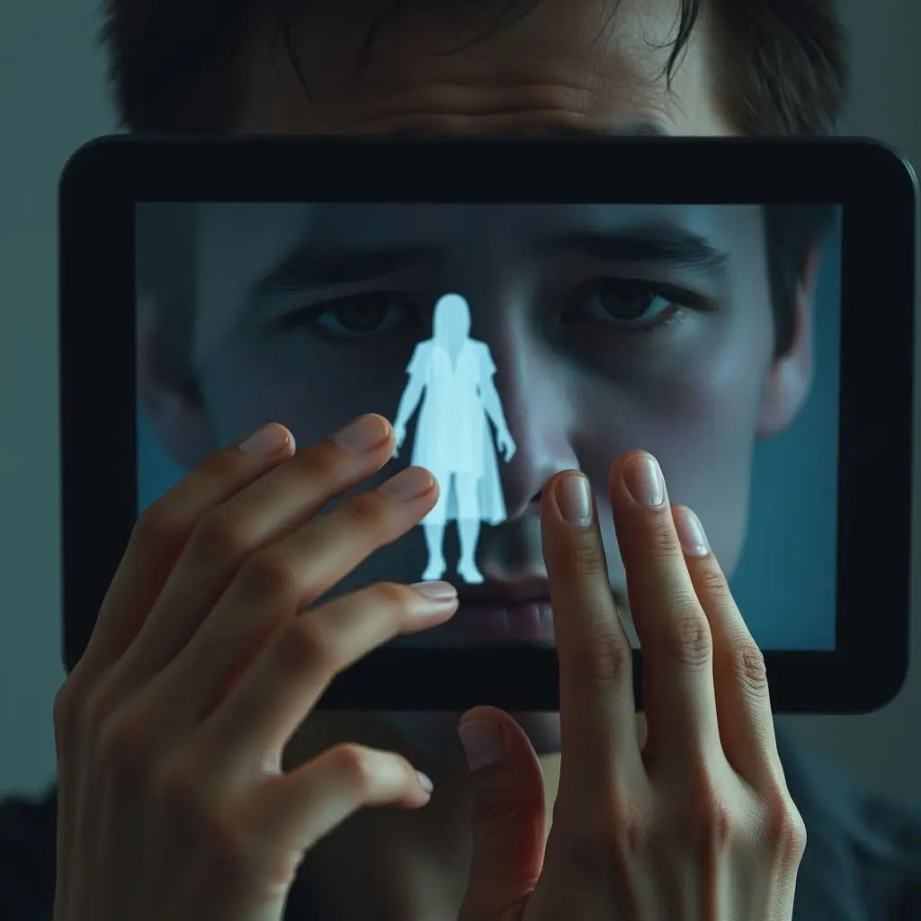 A person's face showing a complex mix of sadness and contemplation, looking at a screen displaying a faint, ghostly digital silhouette. One hand reaches out tentatively, while the other is held back, symbolizing the conflict between comfort and attachment in AI-assisted grief.