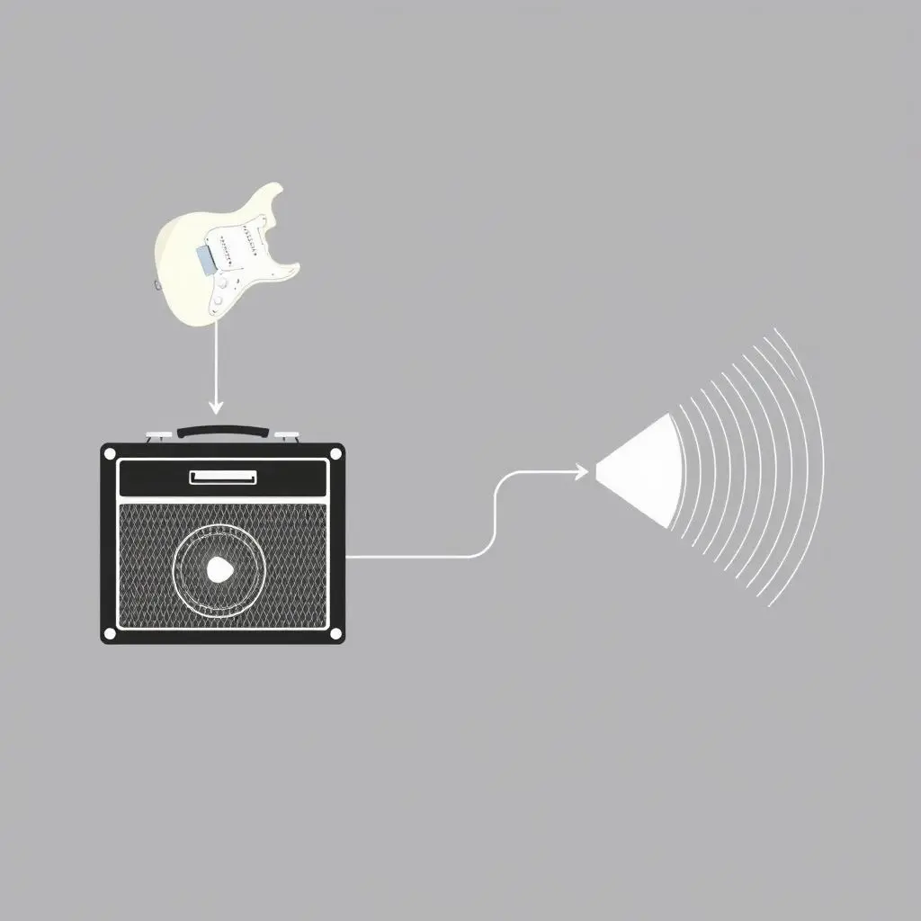 Stylized diagram showing the path of a guitar signal from guitar to amplifier to speaker creating sound waves.
