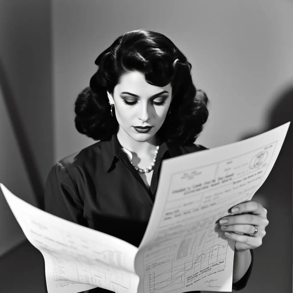 Hedy Lamarr holding or looking at a patent document