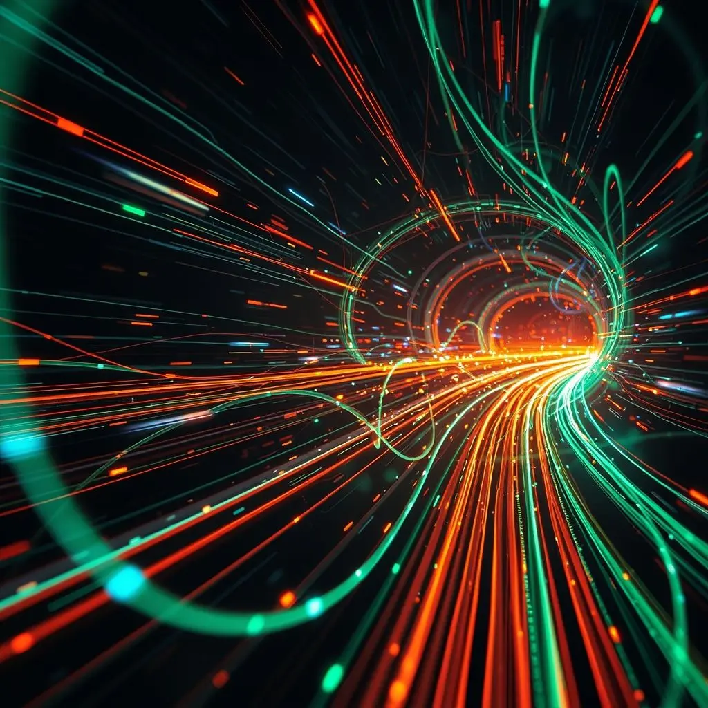 Visual representation of data traveling at high speed through optimized fiber optic cables for HFT