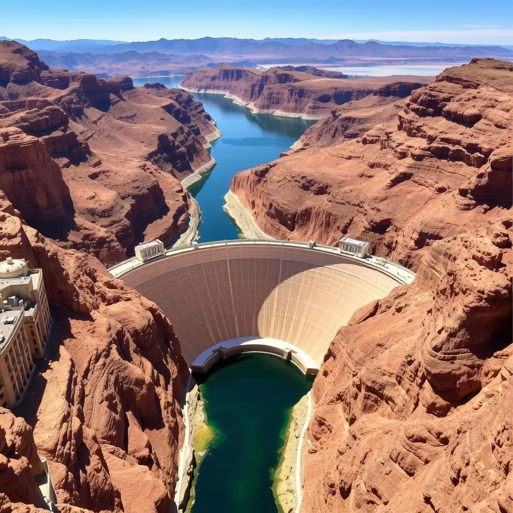 Iconic view of the Hoover Dam spanning the Black Canyon