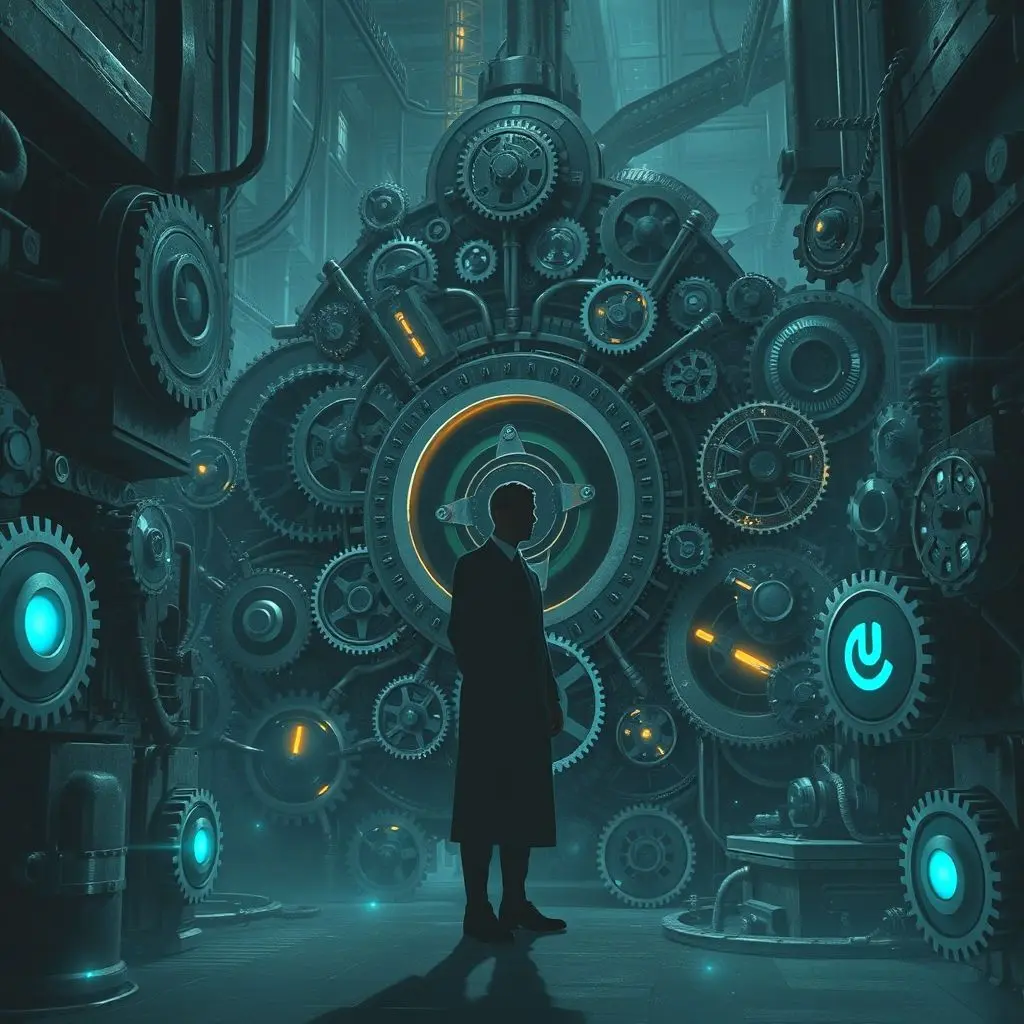 A visual metaphor showing a person as a gear in a larger, complex machine, representing humans becoming tools for bots.