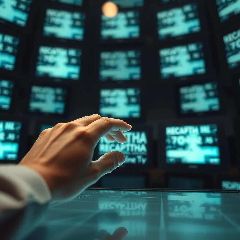 A close-up of hands solving a reCAPTCHA puzzle, with a subtle overlay hinting at multiple screens or repetitive tasks.