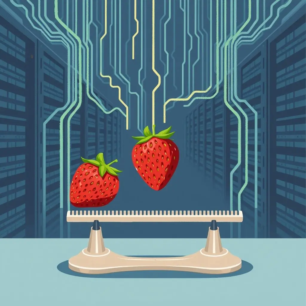 Illustration comparing the massive scope of the internet (represented by data streams or server racks) with a single, small strawberry on a scale.