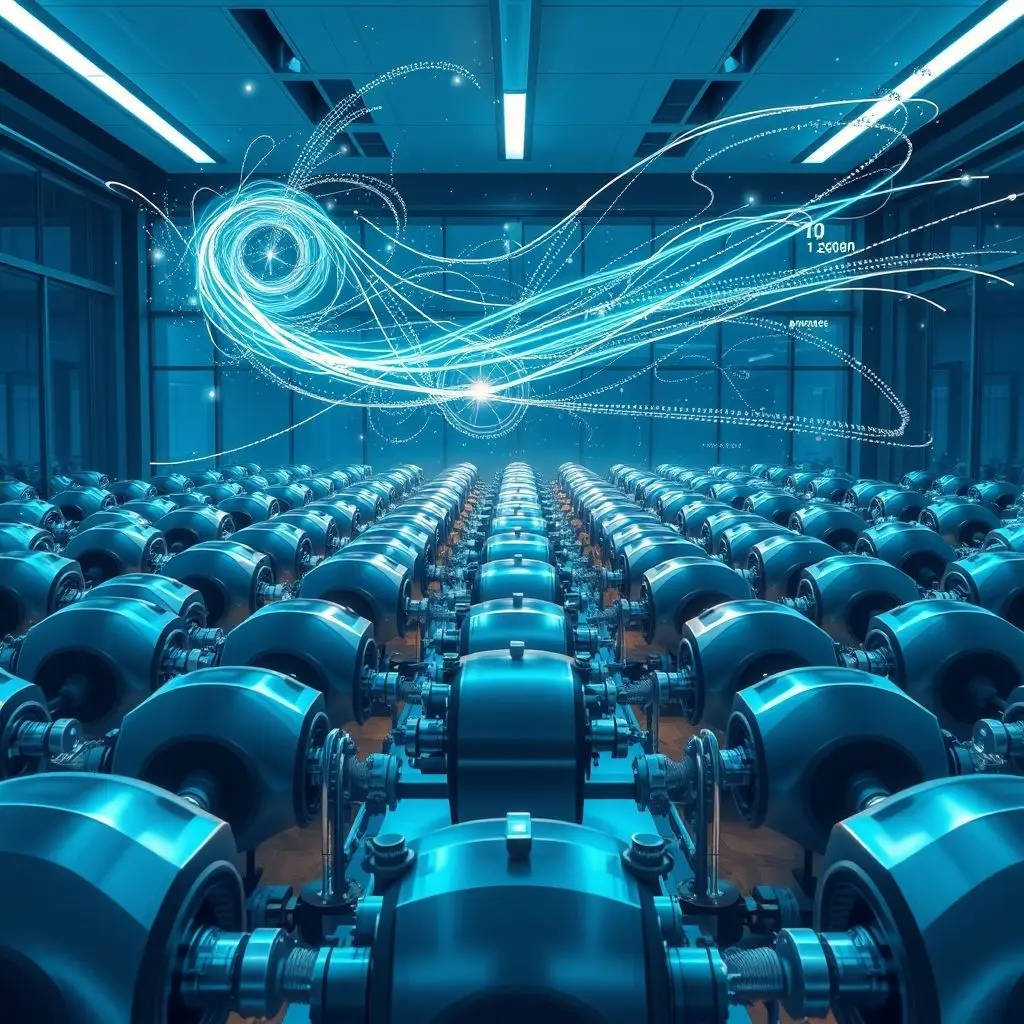 Stylized image of centrifuges in a facility with abstract data overlay