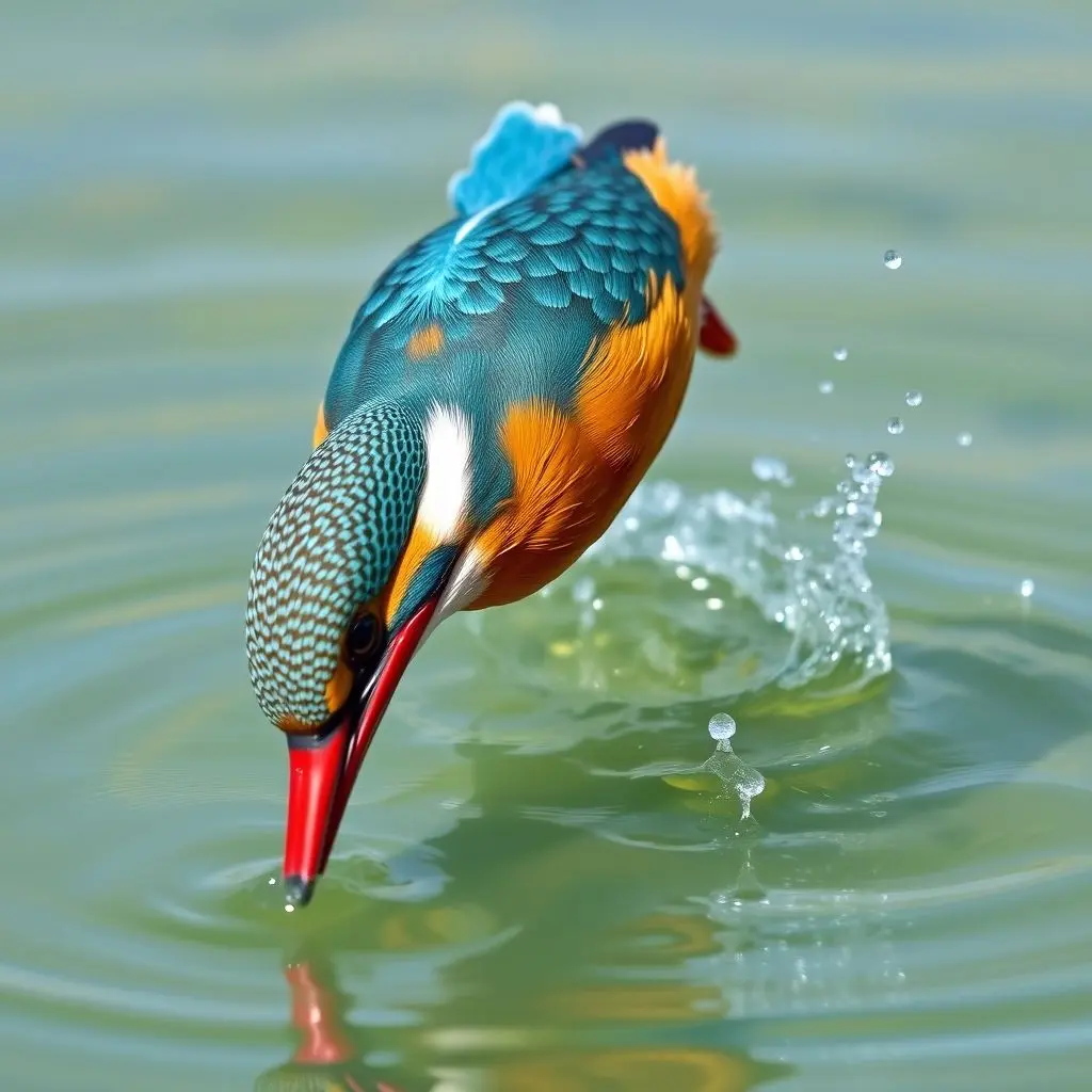 Kingfisher bird diving headfirst into water with minimal splash