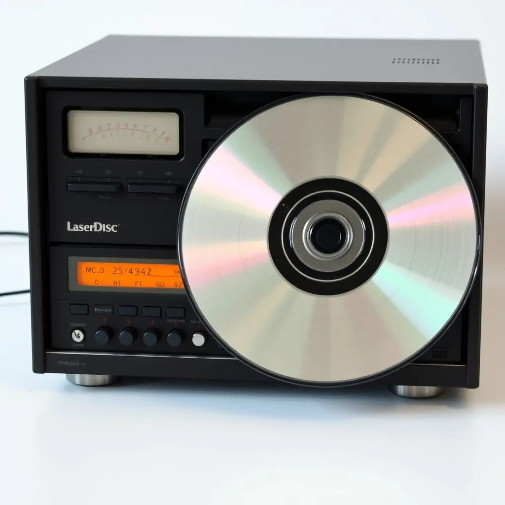 Classic LaserDisc player with a large disc inserted.